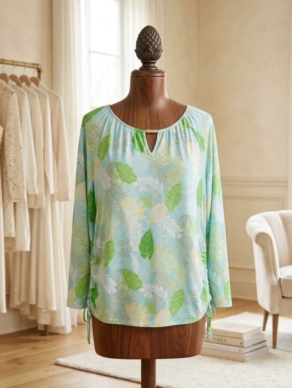 New Direction XL Turquoise Botanical Peekaboo Ruched Top